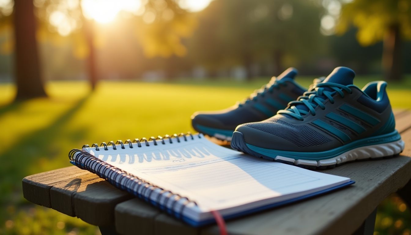 A training diary and stopwatch on a dark wooden bench at dawn, a runner's shoes laced beside it, cool charcoal light with a lime-green glow from the track lights beyond — sports training planning guide
