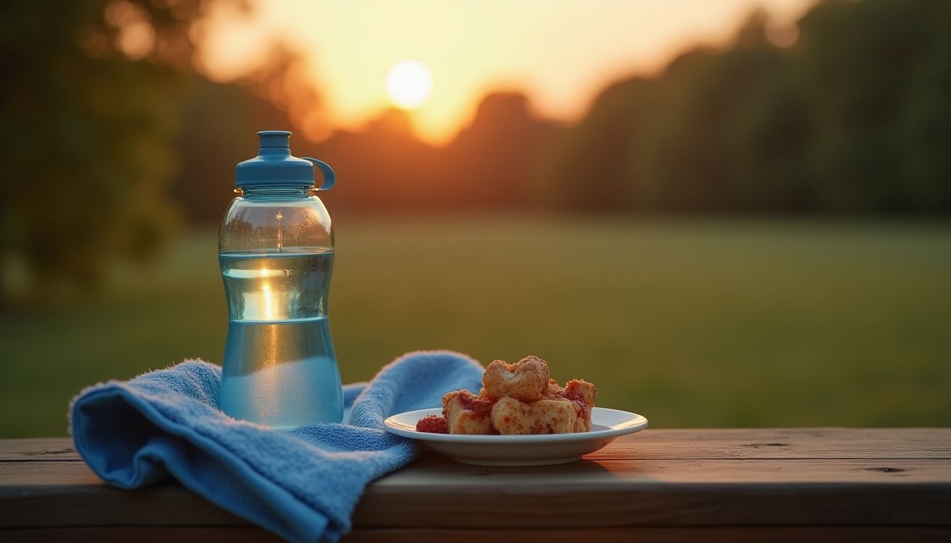 A water bottle, running shoes and a rolled towel on a dark bathroom shelf with soft steam in the air, moody charcoal tones lit by a single warm lamp with a lime-green tint — sports recovery and fuel guide