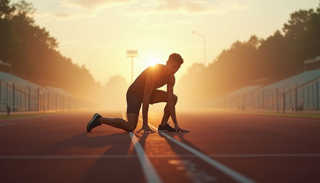 Race bibs, a stopwatch and a team kit bag on a bench inside a stadium tunnel, warm light spilling from the track with lime-green accents in the shadows — sports race day and team guide